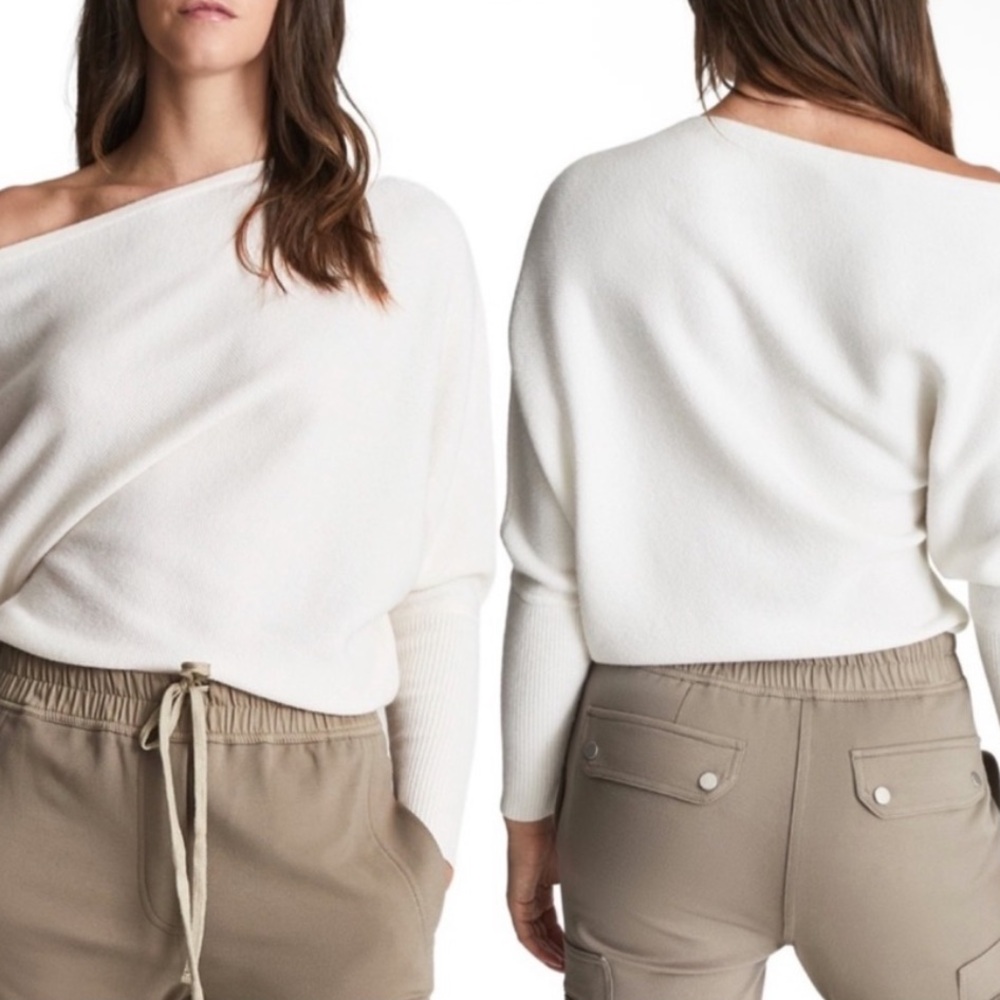 NWT REISS Laylah Asymmetric One Shoulder Alpaca Wool Sweater Cream size Medium - Picture 4 of 10